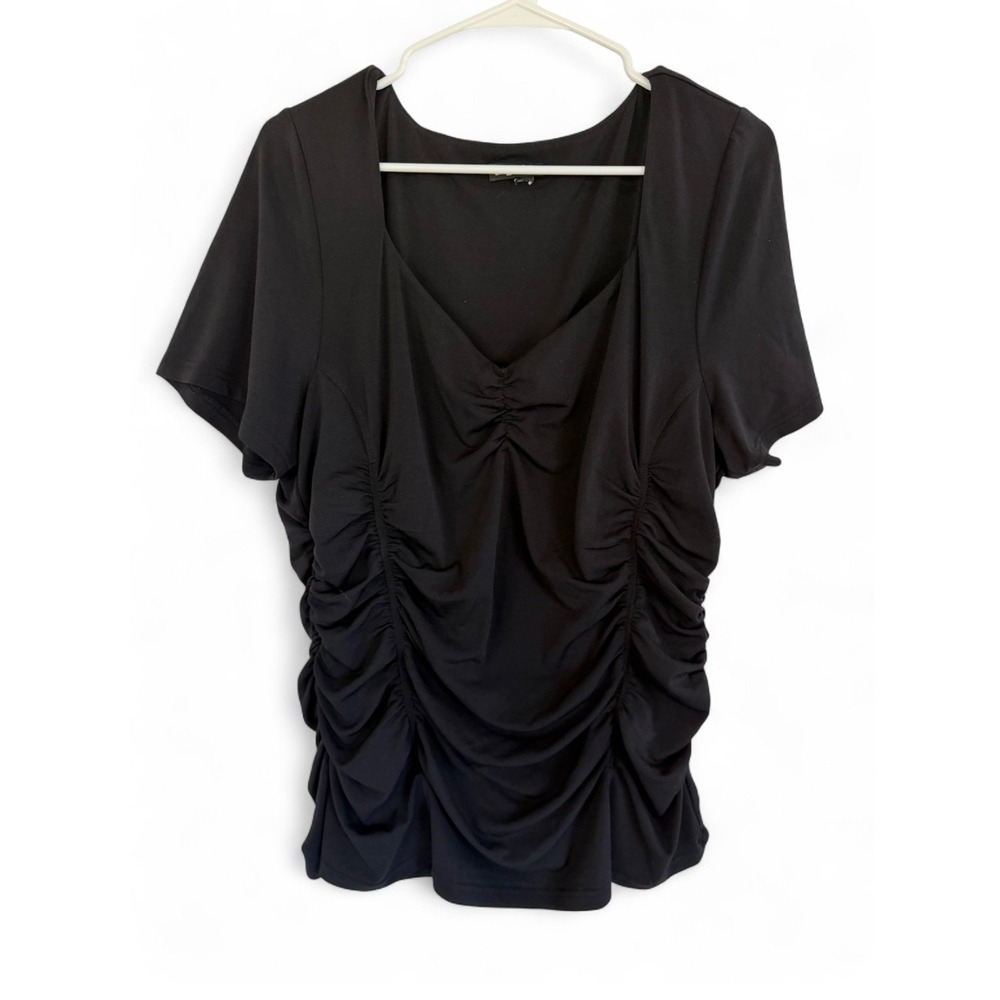 City Chic Black Ruched Short Sleeve Sweetheart Neck Top Double Layered